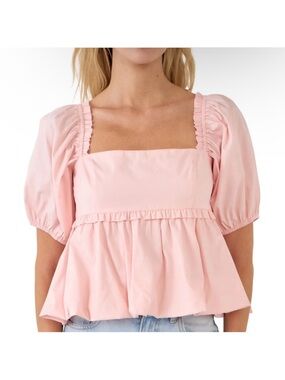 NWT Endless Rose Blouson Baby Doll Top Light Pink Square Neck Peplum Puff Sleeve